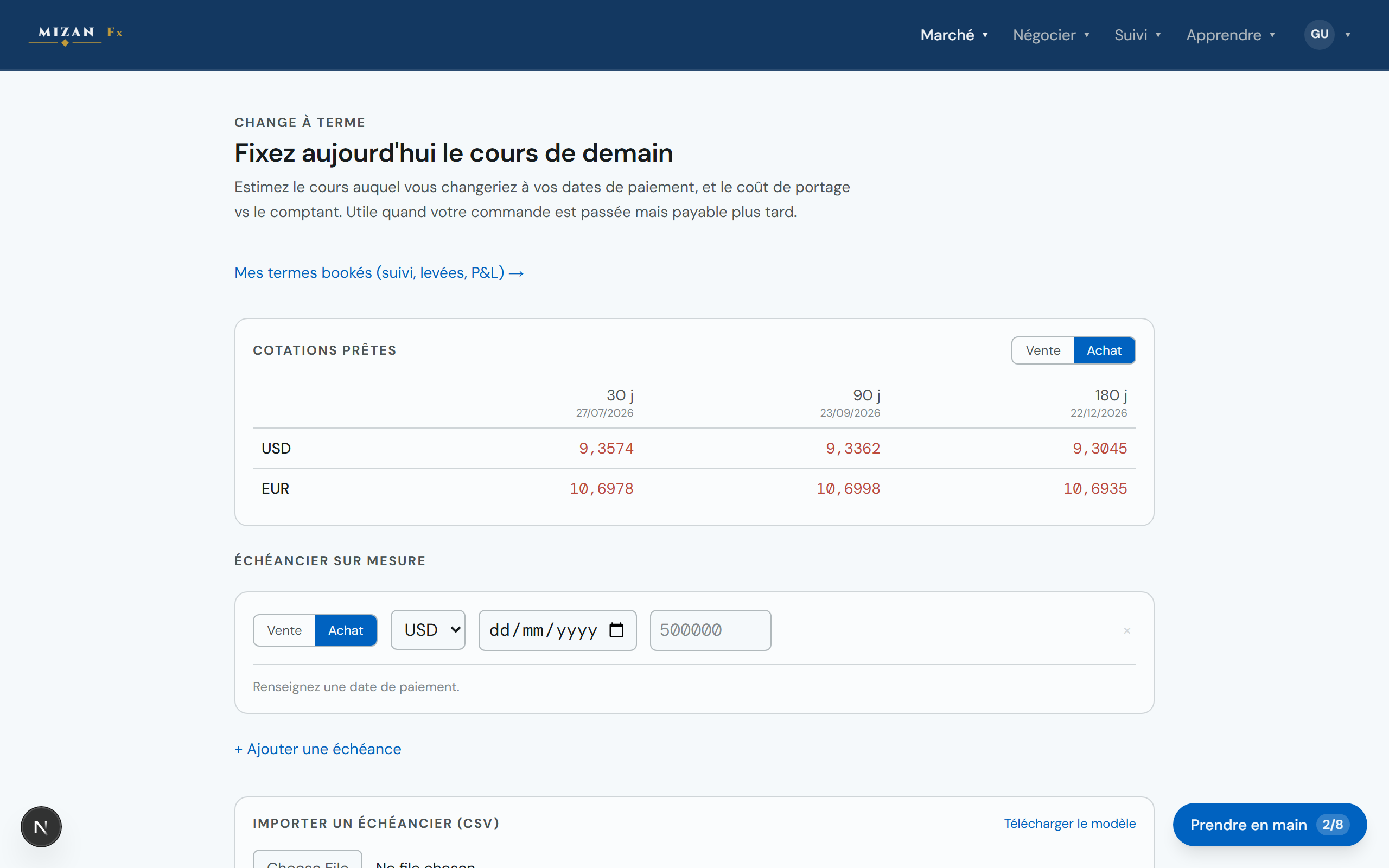 Écran de change à terme MIZAN Fx : estimateur par devise et par échéance