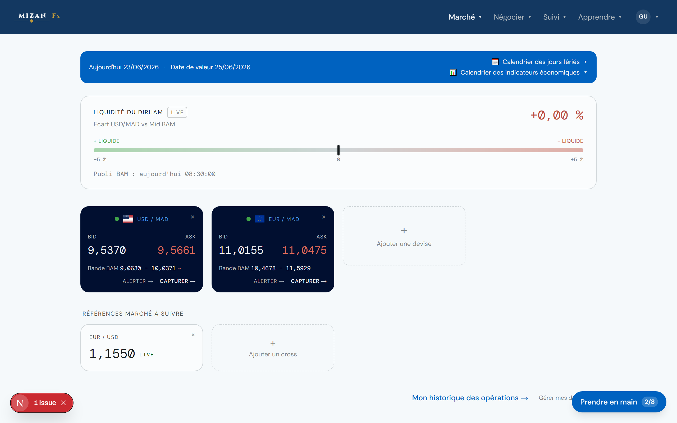 Tableau de bord MIZAN Fx : cartes USD/MAD et EUR/MAD avec cours acheteur et vendeur, bande BAM et jauge de liquidité