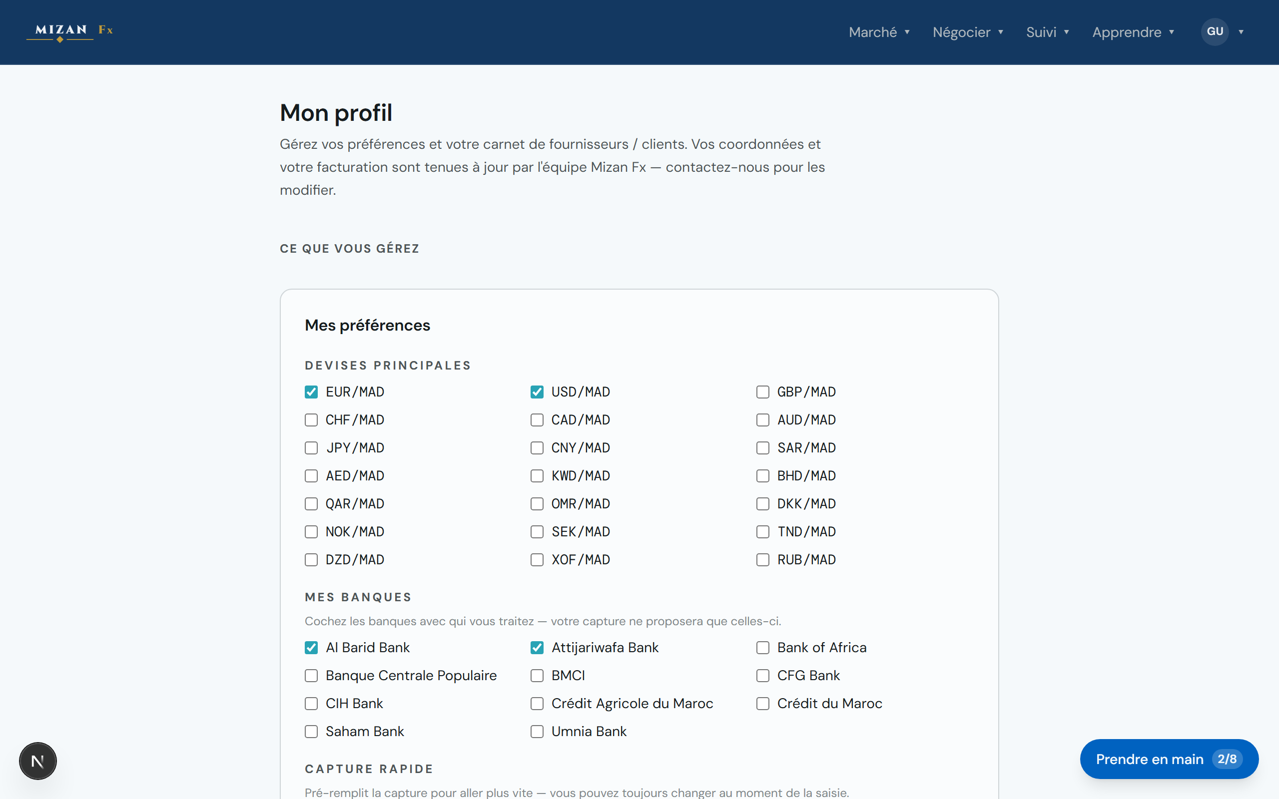 Réglages MIZAN Fx : devises suivies, banques, briefs email et défauts de capture